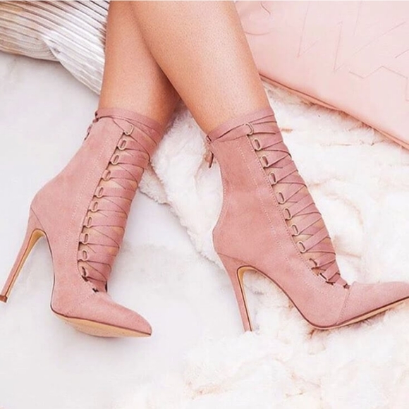 Ribbon Lace up Pointy Stiletto Booties High Heels Women - Picture 3 of 8